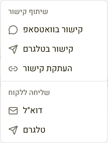 תפריט השליחה: קישור בוואטסאפ, קישור בטלגרם, העתקת קישור, או שליחה בדוא"ל ובטלגרם
